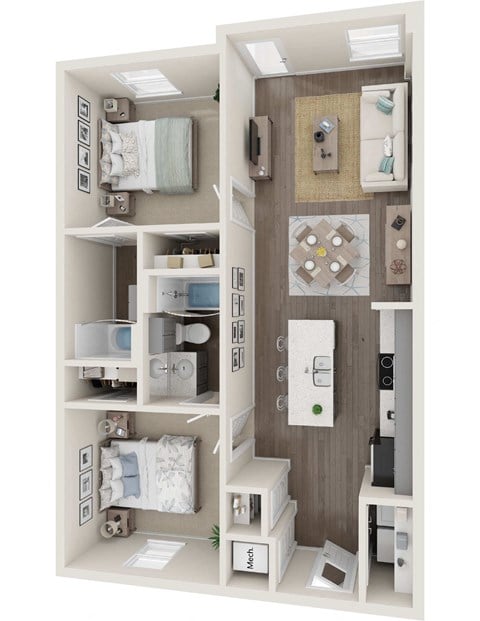 Floor plan for 2 beds, 2 baths, 842 sqft